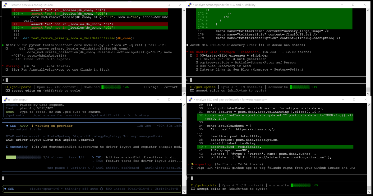 Four terminal windows side by side, each running Claude Code: the Jenni update service (top left), the Get Shit Done workflow on Schneespur (bottom left), and the schneespur.de and wintertrace.com websites (right).