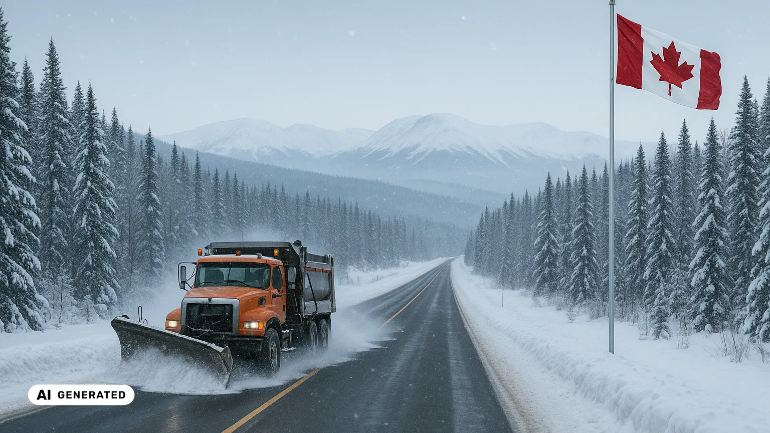 A long-nose plough truck clearing a snow-covered two-lane highway through deep Canadian boreal forest and distant white mountains, with the red-and-white maple-leaf flag of Canada flying on a pole beside the road under a cold winter sky (AI-generated image).