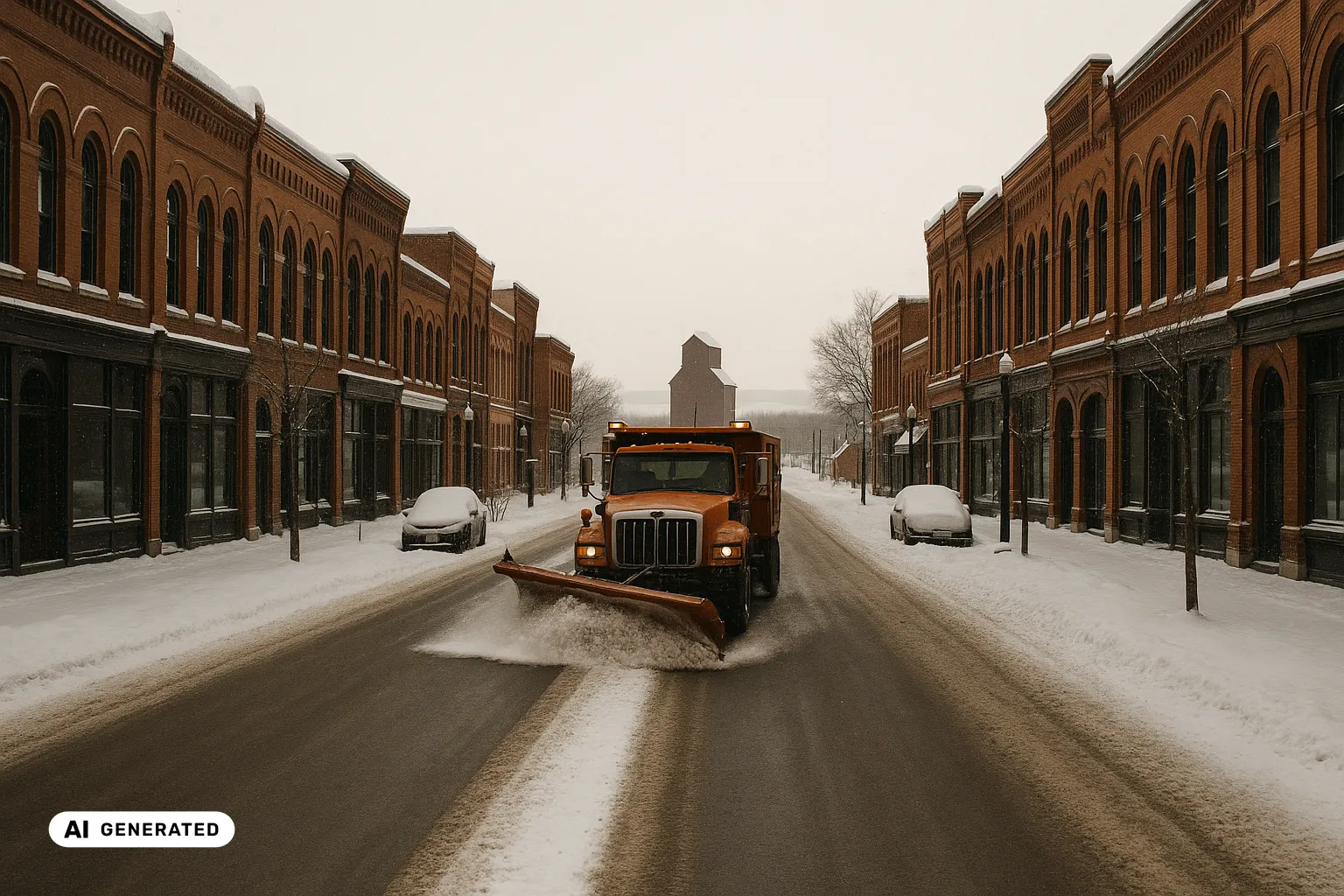 An orange long-nose plough truck clearing a fresh lane down Brandon's snowy red-brick main street, a tall prairie grain elevator standing at the end of the street under a flat grey winter sky (AI-generated image).