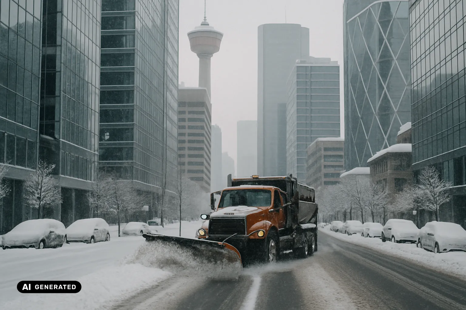 An orange long-nose plough truck clearing a fresh lane down a snow-covered downtown Calgary street, the Calgary Tower with its flared observation pod and glass office towers rising into a grey snowy sky behind (AI-generated image).