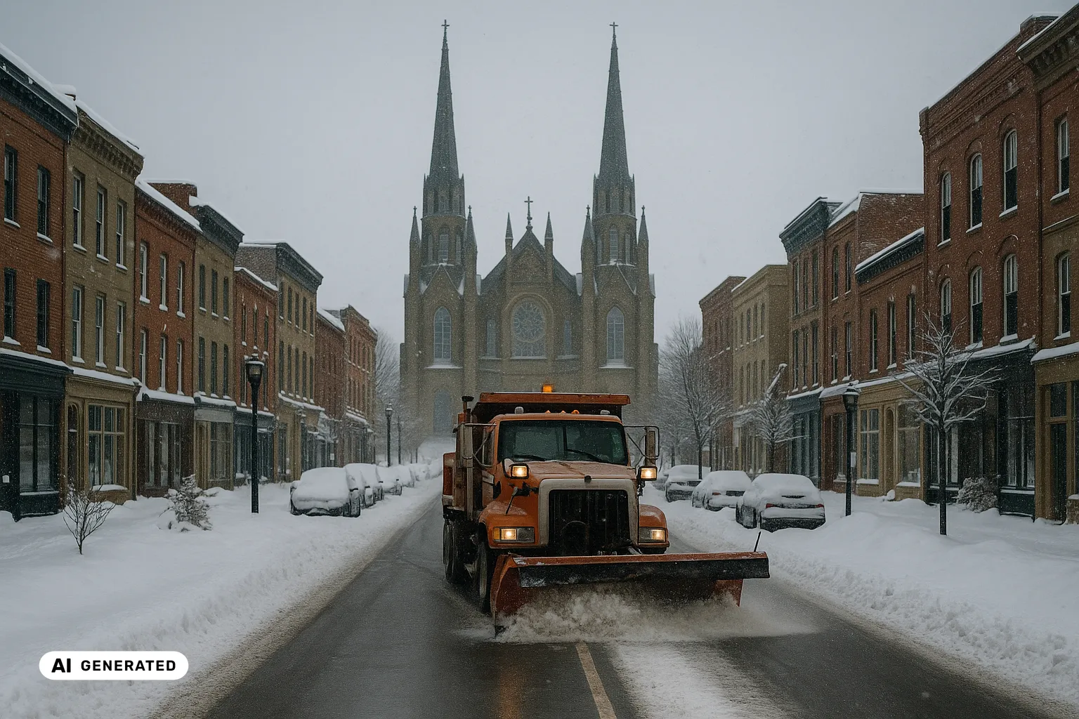 An orange long-nose plough truck clearing a fresh lane up a snowy Charlottetown heritage street of low Victorian buildings, the twin Gothic stone spires of St. Dunstan's Basilica rising into grey snowfall behind (AI-generated image).