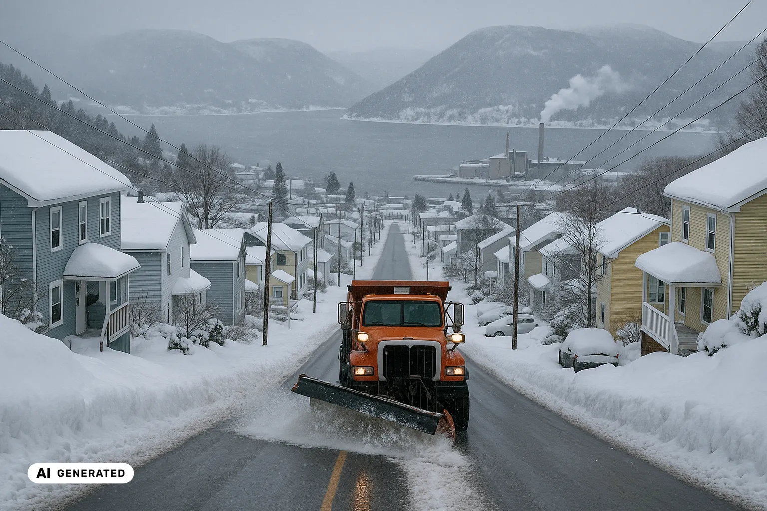 An orange long-nose plough truck clearing a fresh lane down a steep snow-covered Corner Brook street of clapboard houses dropping toward the Humber Arm, with snowy forested mountains and a waterside mill plume beyond (AI-generated image).