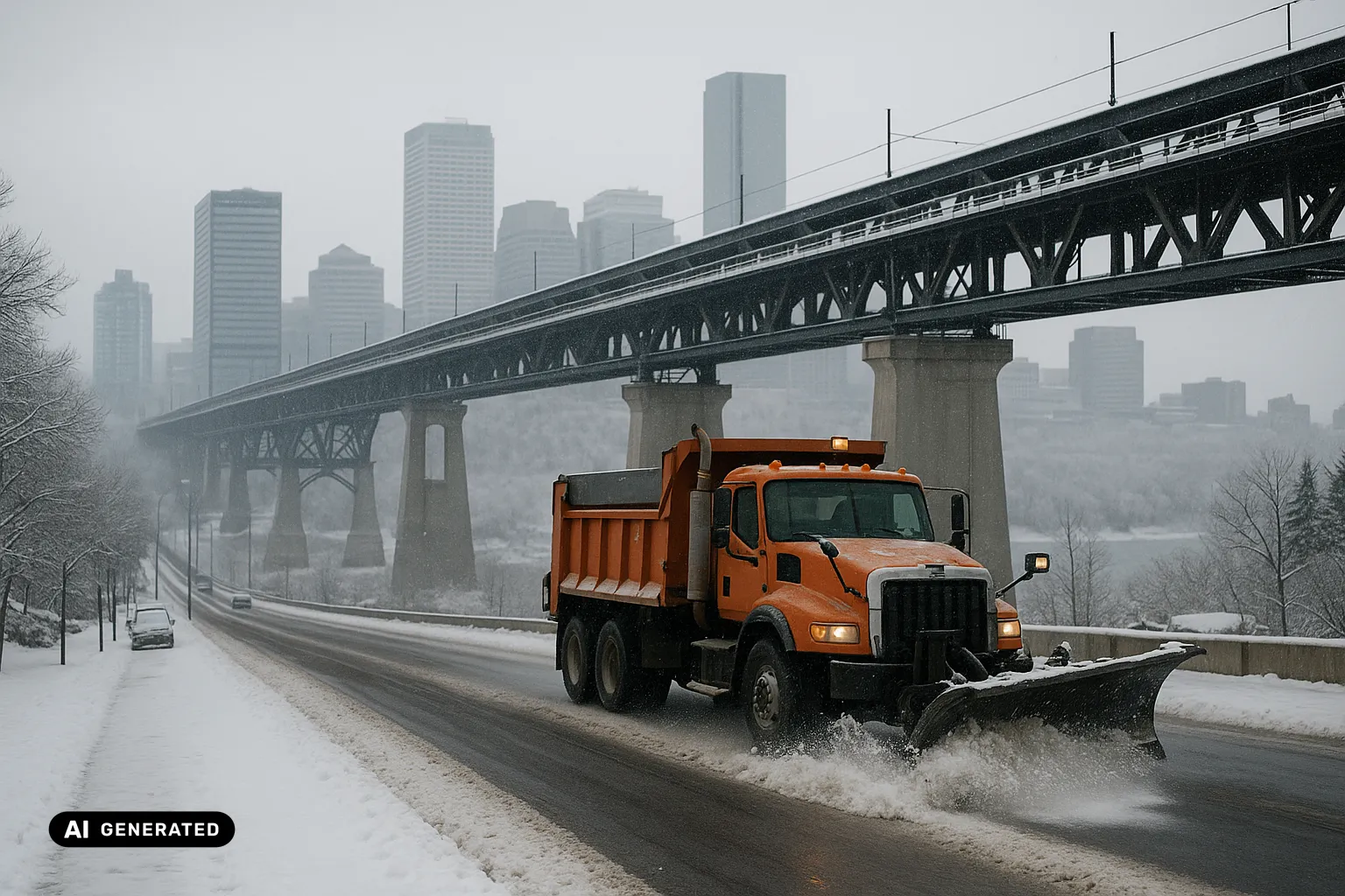 An orange long-nose plough truck clearing a fresh lane on a snowy Edmonton road beside the black steel High Level Bridge spanning the North Saskatchewan River valley, the downtown skyline grey behind falling snow (AI-generated image).