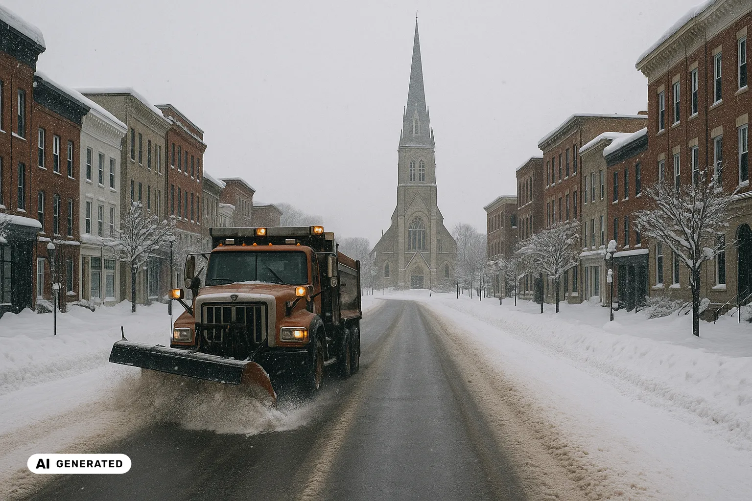 An orange long-nose plough truck clearing a fresh lane down a snowy downtown Fredericton street toward the tall grey-stone central spire of Christ Church Cathedral, low brick buildings on either side under heavy snowfall (AI-generated image).