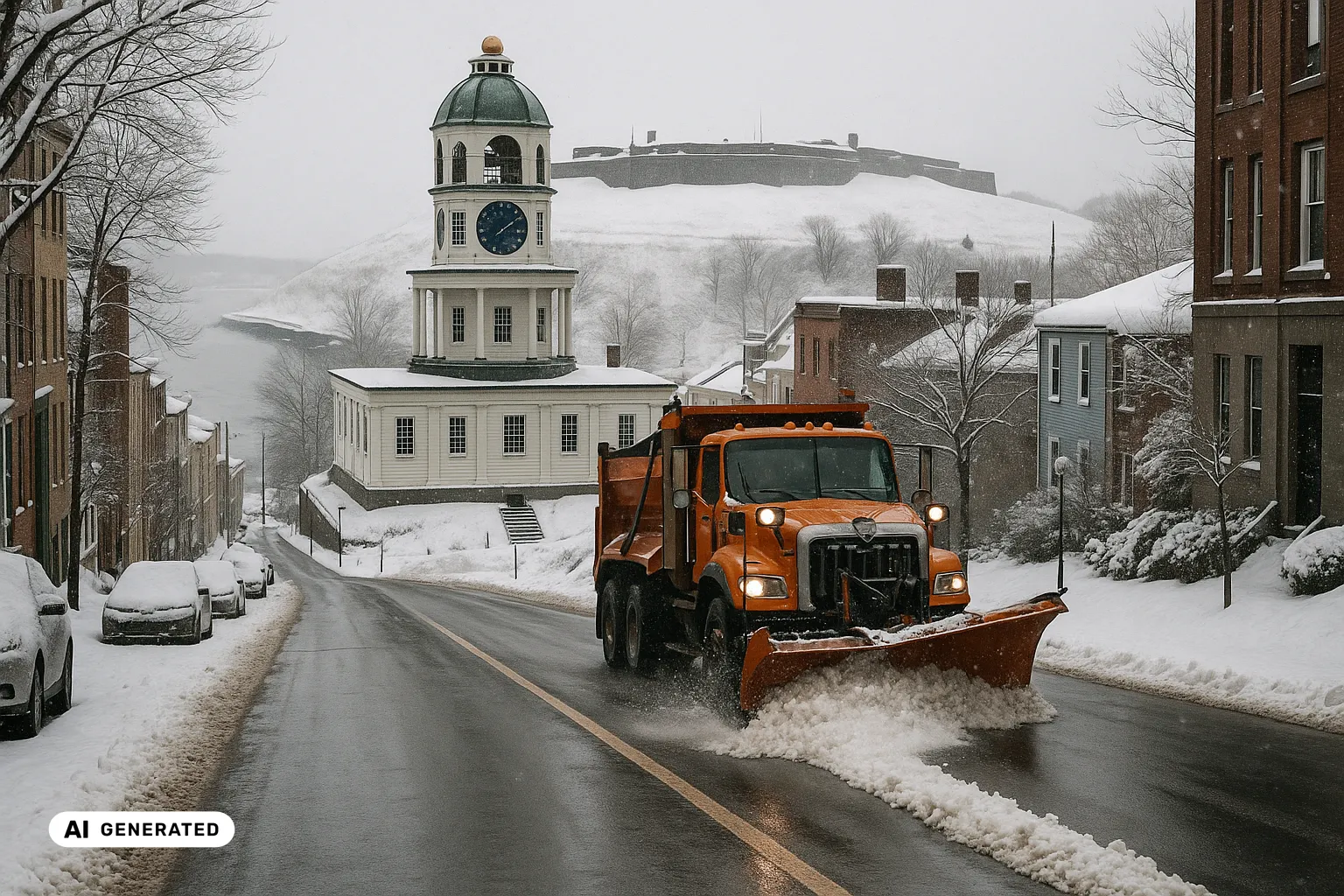 An orange long-nose plough truck clearing a fresh lane down a hilly Halifax street toward the harbour, the white octagonal Old Town Clock and the snow-covered star-shaped Citadel ramparts on the hill behind (AI-generated image).