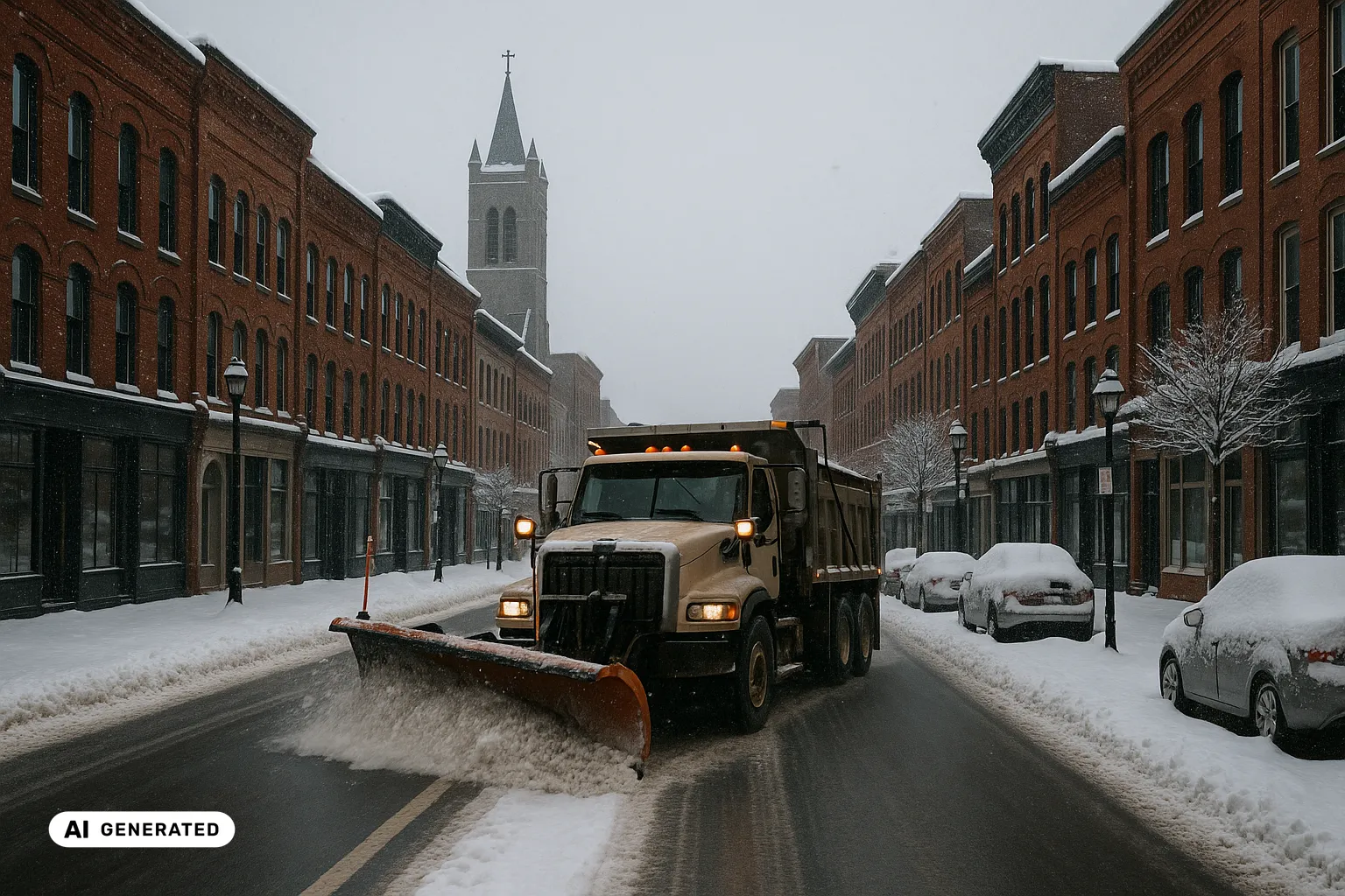 An orange long-nose plough truck clearing a fresh lane down a snowy downtown Moncton street of red-brick buildings, a single grey-stone church bell tower rising over the rooflines behind through grey snowfall (AI-generated image).