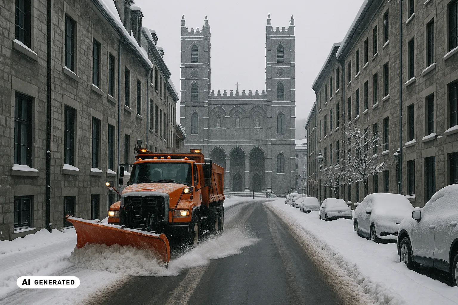 An orange long-nose plough truck clearing a fresh lane down a narrow Old Montreal greystone street, the two square crenellated limestone towers of Notre-Dame Basilica rising into grey snowfall behind (AI-generated image).