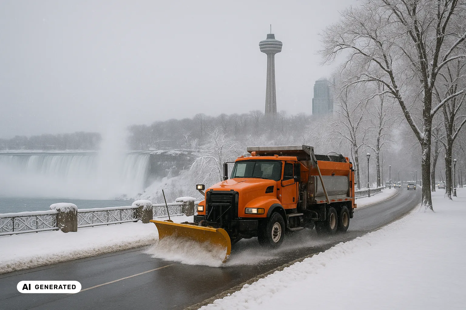 A long-nose plough truck clearing a wet lane of the Niagara Parkway along the snow-covered Canadian rim of the Niagara gorge, with the broad curved crest of the Horseshoe Falls and its rising winter spray cloud over ice-crusted stone balustrades and the slender concrete Skylon Tower standing behind, under a grey overcast winter sky (AI-generated image).