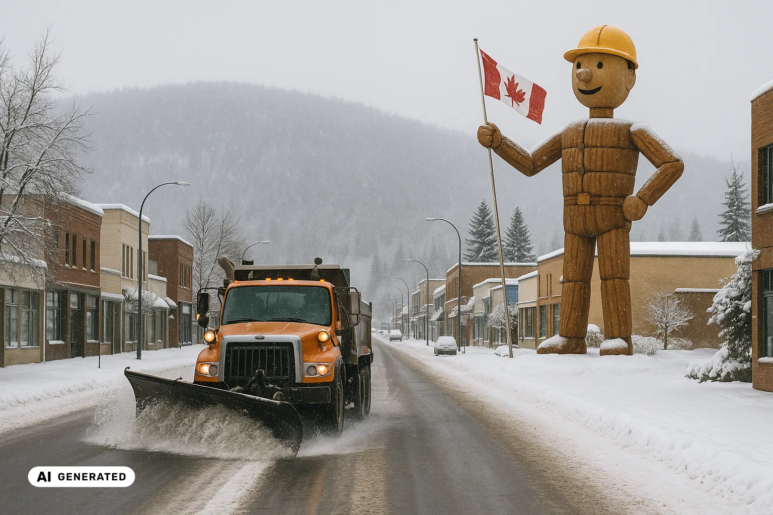 An orange long-nose plough truck clearing a fresh lane down a snowy low-rise Prince George street, the wooden log-bodied Mr. PG mascot statue in a yellow hard hat holding a Canadian flag beside forested hills behind (AI-generated image).