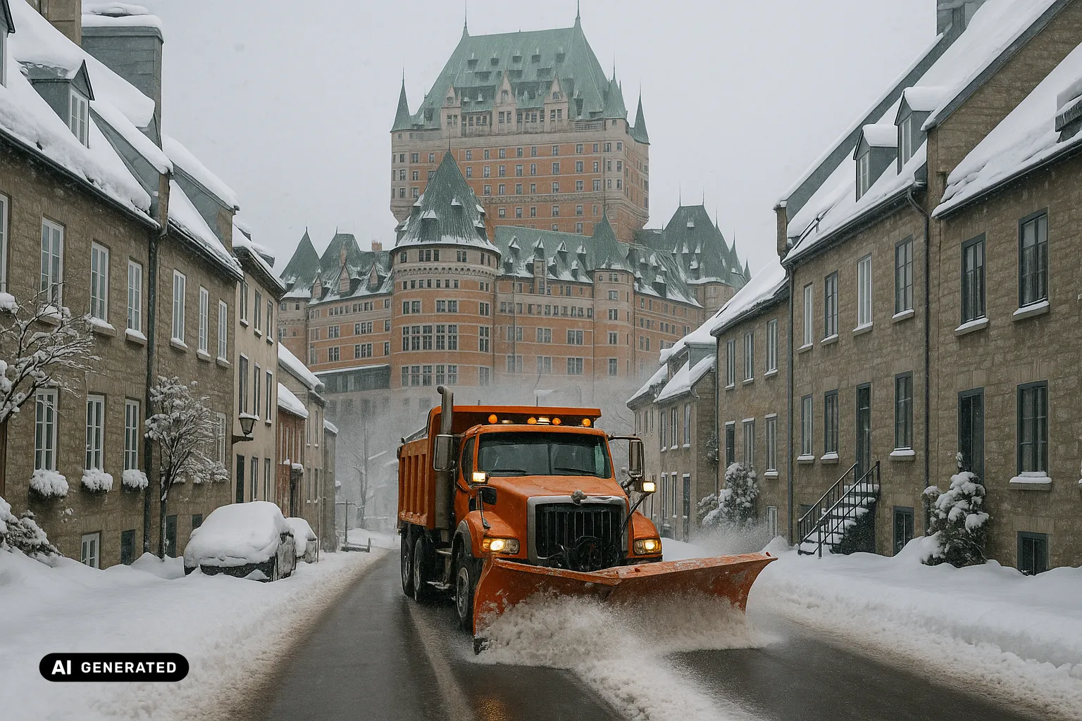 An orange long-nose plough truck clearing a fresh lane up a narrow Old Quebec cobblestone street, the Chateau Frontenac with its green copper roofs and turrets and warm brick walls rising into grey snowfall behind (AI-generated image).