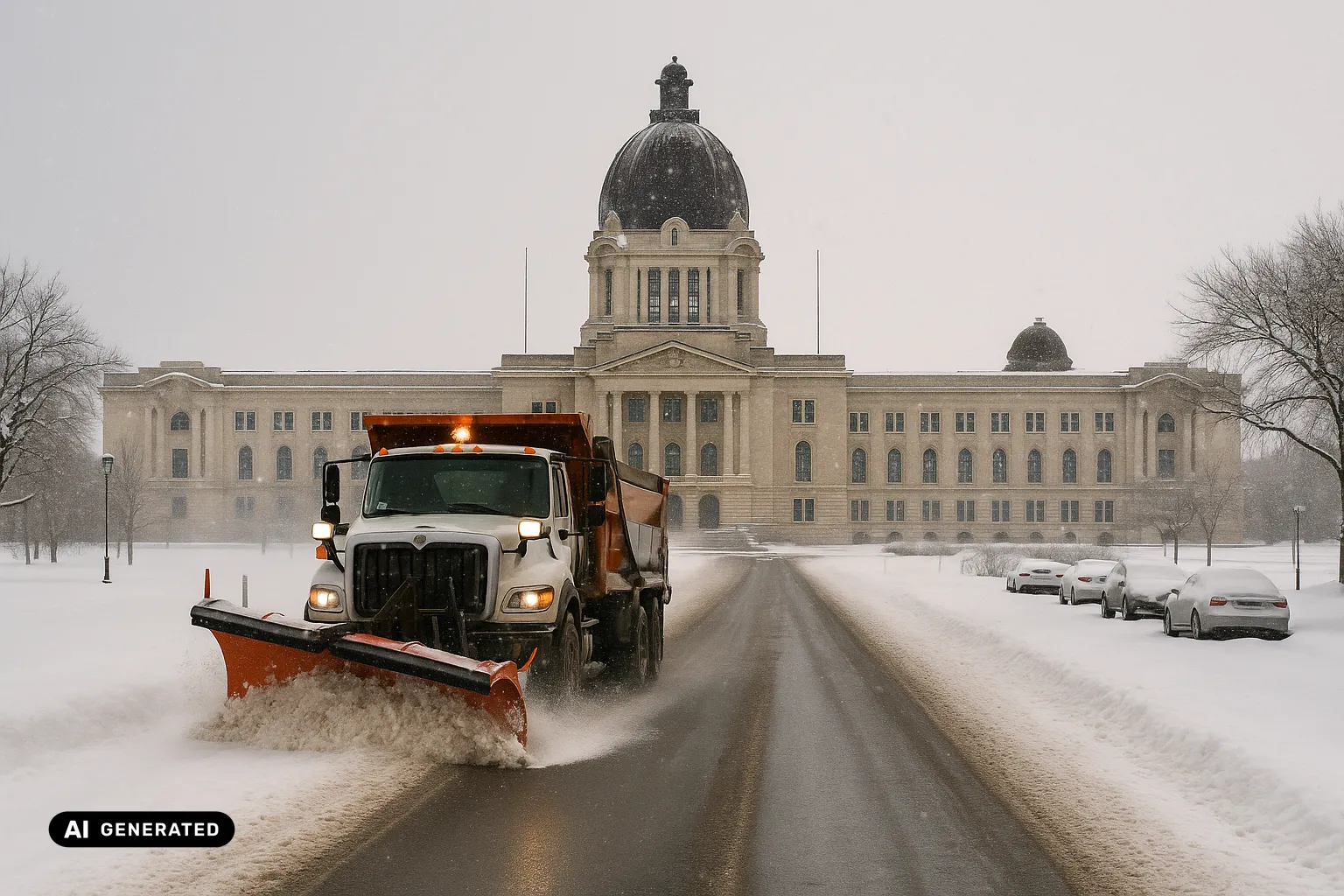 An orange long-nose plough truck clearing a fresh lane on a flat snowy Regina parkway, the buff-stone Saskatchewan Legislative Building with its dark-weathered dome standing across open prairie parkland behind (AI-generated image).