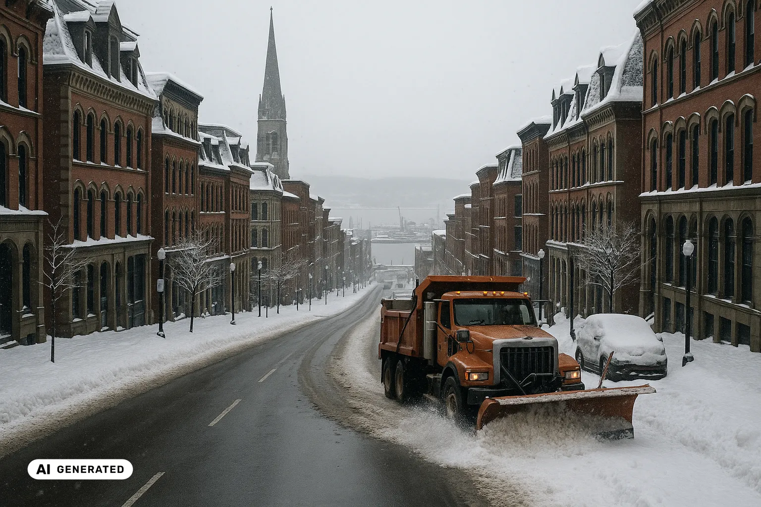 An orange long-nose plough truck clearing a fresh lane down a steep red-brick Victorian uptown street in Saint John, dropping toward the grey Bay of Fundy harbour with a stone church spire among the rooflines (AI-generated image).
