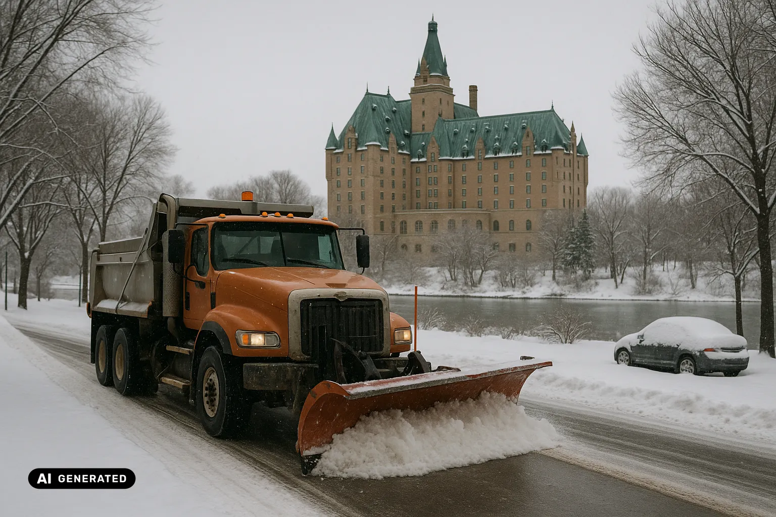 An orange long-nose plough truck clearing a fresh lane on a snowy Saskatoon riverbank street, the Delta Bessborough hotel with its green copper roof and turrets rising over the frozen South Saskatchewan River behind (AI-generated image).