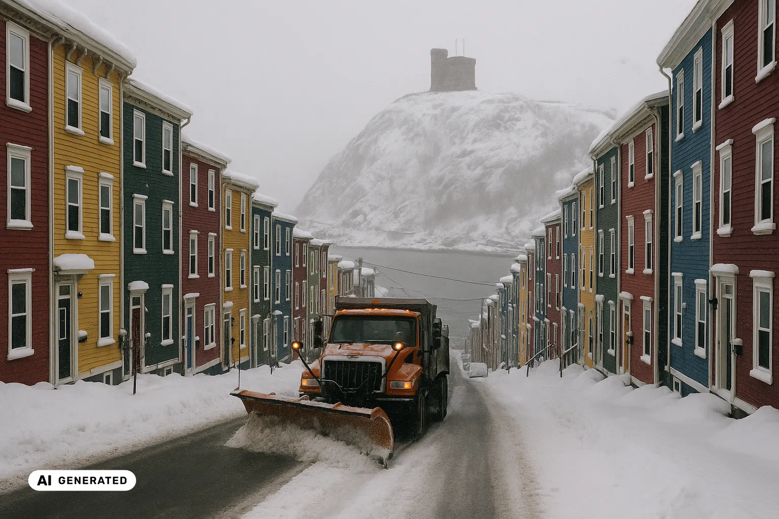 An orange long-nose plough truck clearing a fresh lane down a steep St. John's street lined with brightly painted jellybean row houses, the harbour and Signal Hill with the squat stone Cabot Tower rising behind through grey snowfall (AI-generated image).