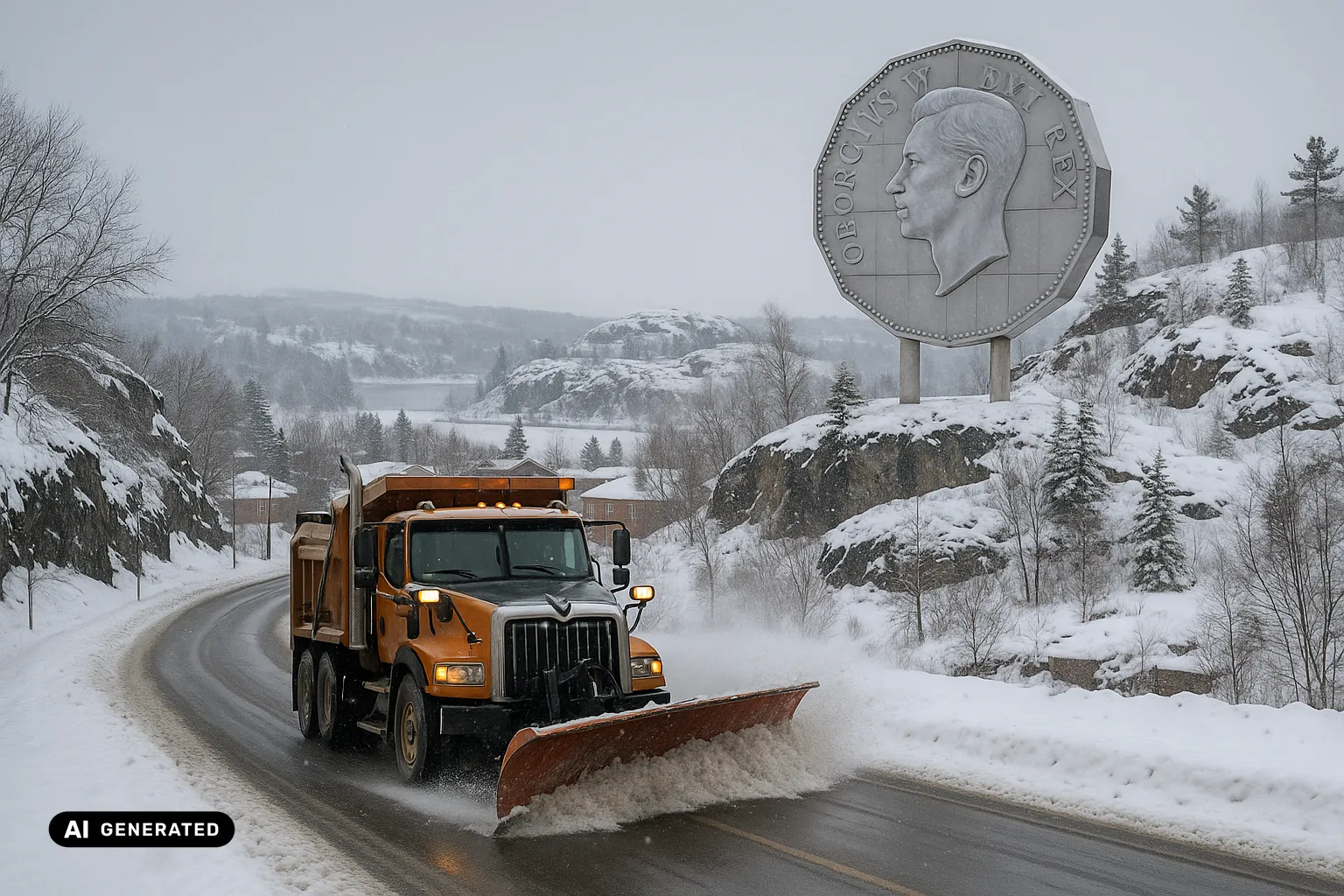 An orange long-nose plough truck clearing a fresh lane on a snowy Sudbury road past grey Canadian Shield rock outcrops, the giant silvery Big Nickel coin monument standing on the rocky rise behind among snowy pines (AI-generated image).