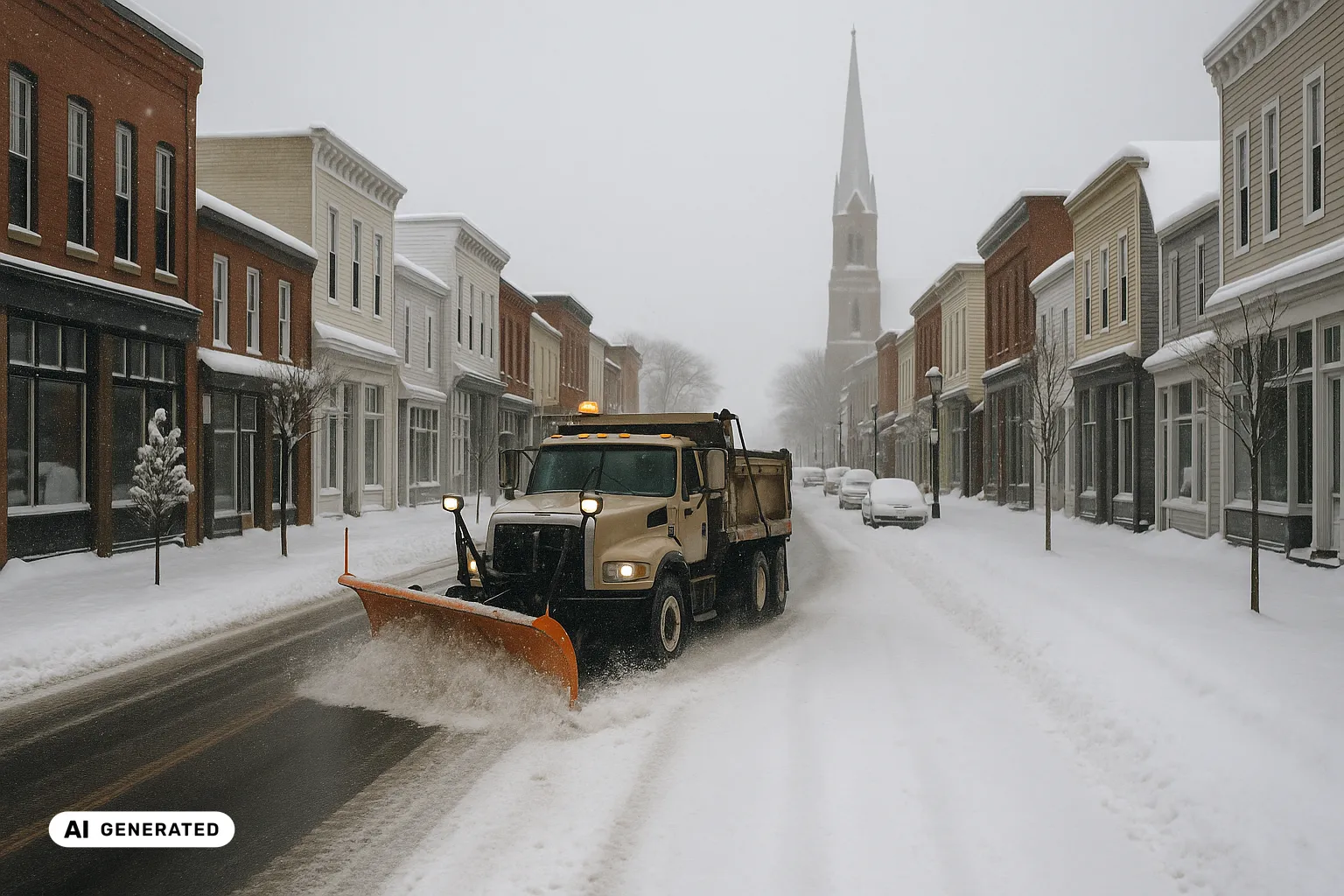 A long-nose plough truck clearing a fresh lane down a snowy low heritage main street in Summerside, brick and clapboard shopfronts under blowing snow with a tall pale church spire rising behind (AI-generated image).