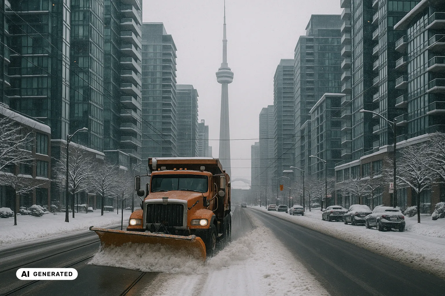 An orange long-nose plough truck clearing a fresh lane of dark wet asphalt down a snow-covered downtown Toronto street, with low ploughed snow banks and snow-covered parked cars along the kerbs and the CN Tower rising into a grey, lightly snowing winter sky in the background (AI-generated image).