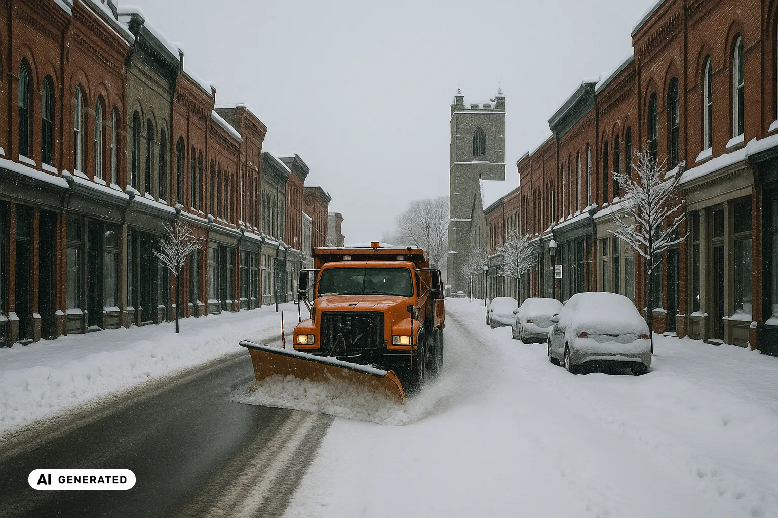 An orange long-nose plough truck clearing a fresh lane down a snowy small-town Truro brick main street, a square grey-stone church tower rising over the Victorian shopfronts behind through grey snowfall (AI-generated image).