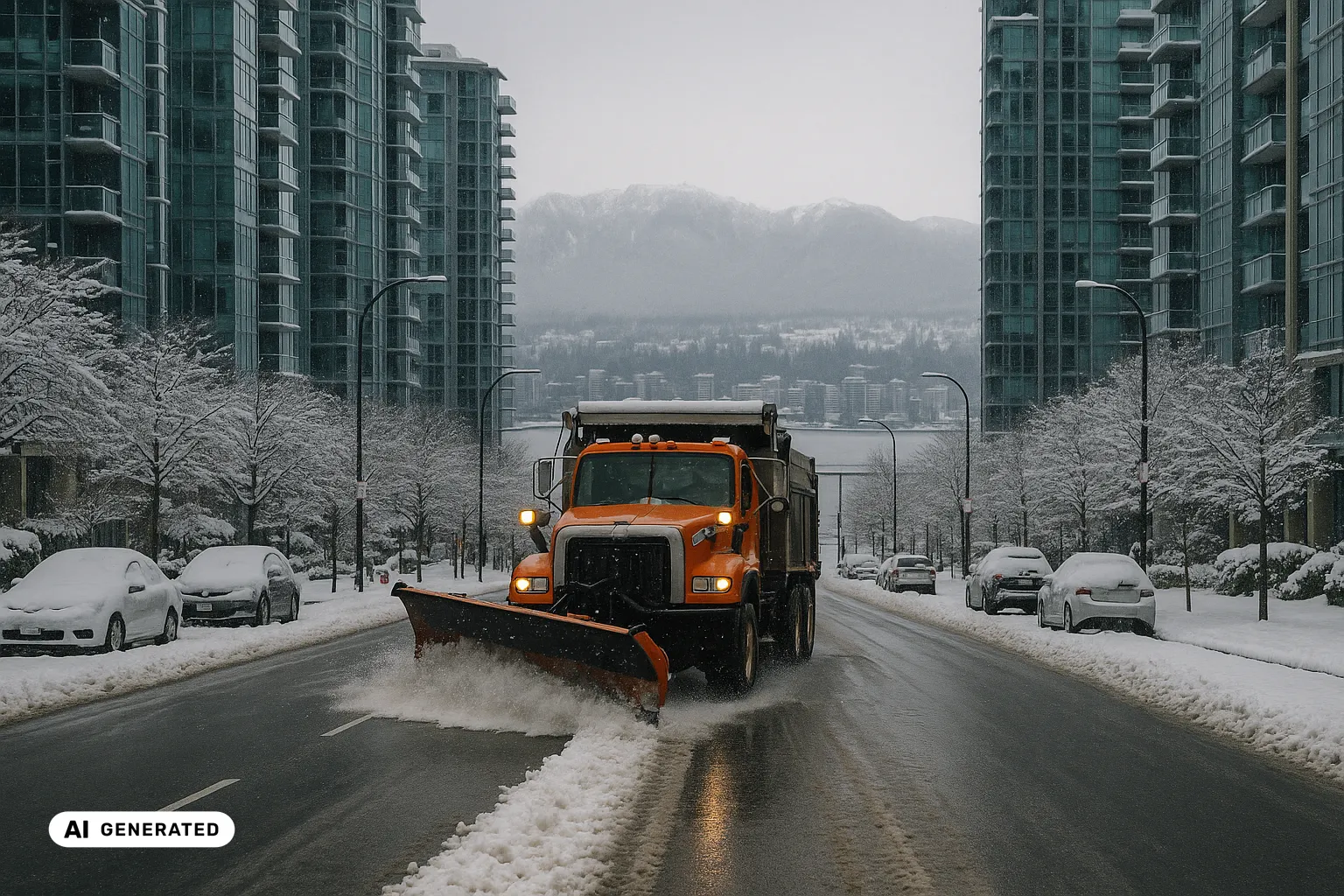 An orange long-nose plough truck clearing a fresh lane down a snowy downtown Vancouver street of blue-green glass towers, the snow-capped North Shore Mountains rising across Burrard Inlet behind through grey snowfall (AI-generated image).