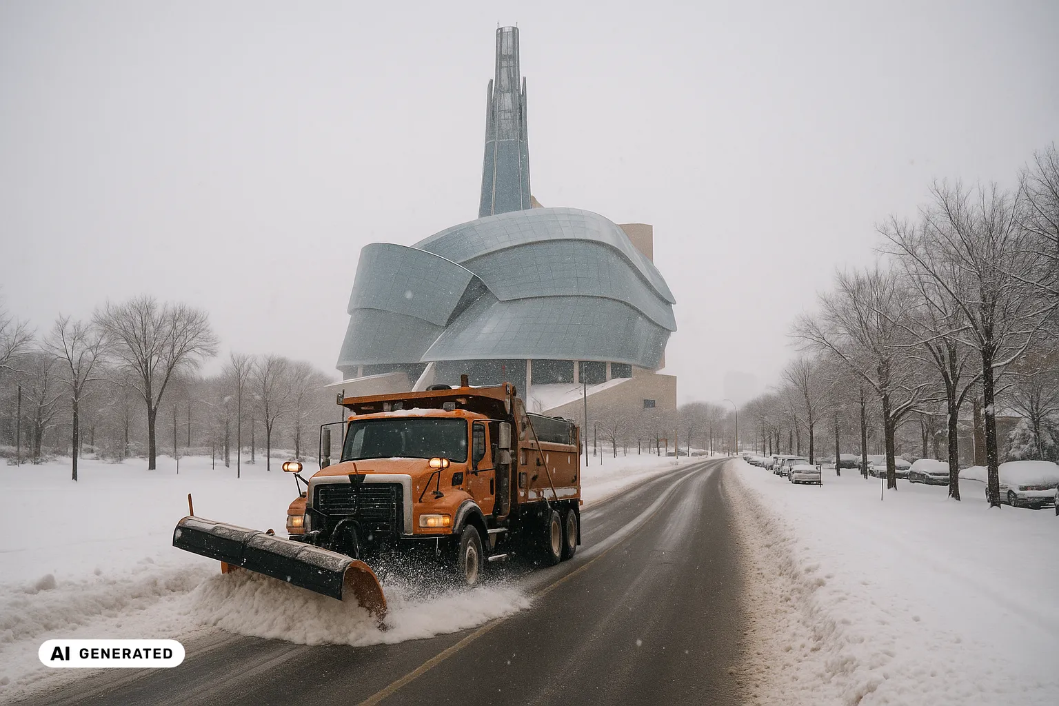 An orange long-nose plough truck clearing a fresh lane on a snow-covered Winnipeg street at The Forks, the Canadian Museum for Human Rights with its glass cloud and Tower of Hope spire rising behind under heavy grey snowfall (AI-generated image).