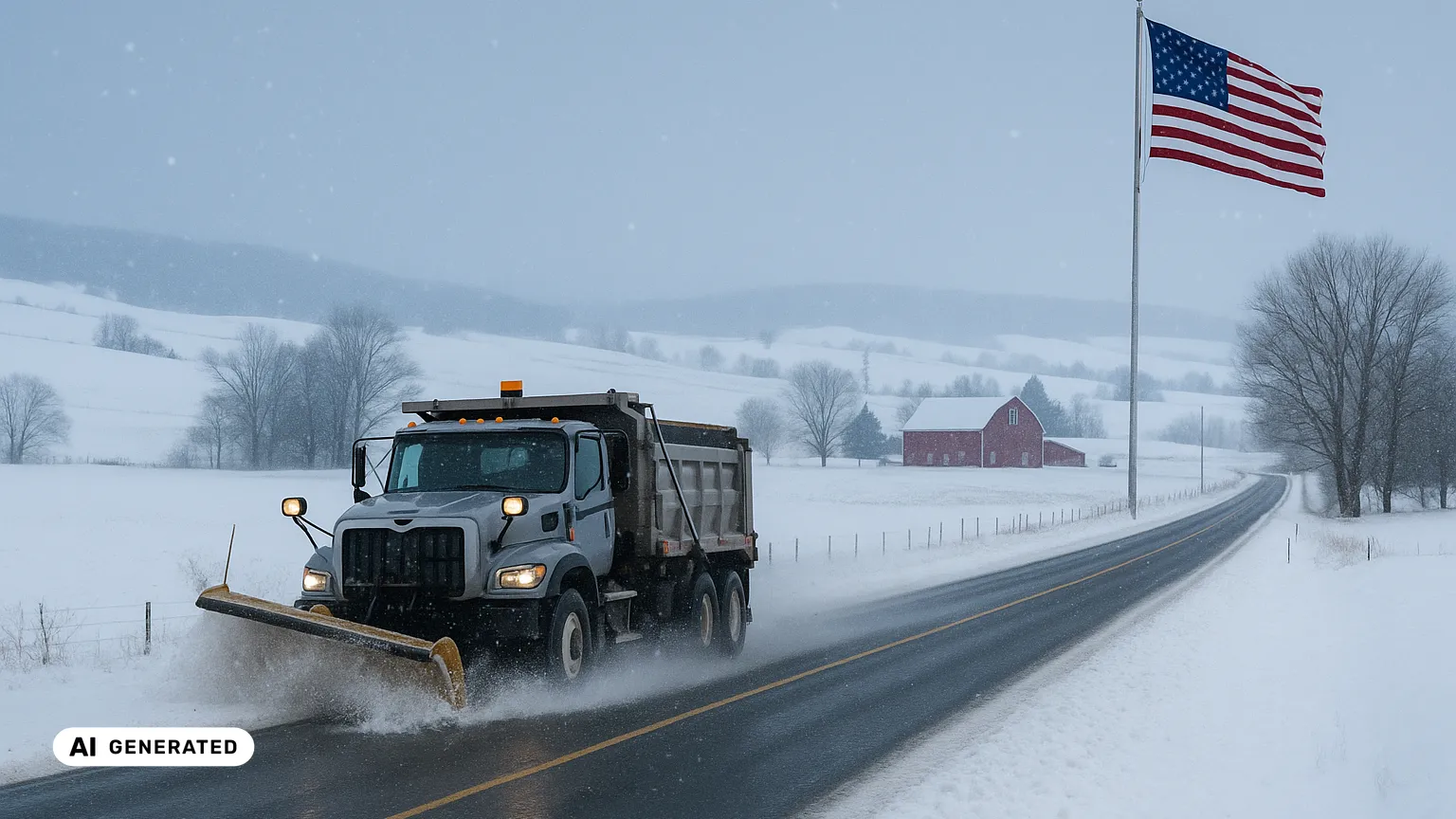 A long-nose plough truck clearing a snow-covered two-lane highway across open American farmland, with the Stars and Stripes flag of the United States flying on a pole beside the road under a cold winter sky (AI-generated image).