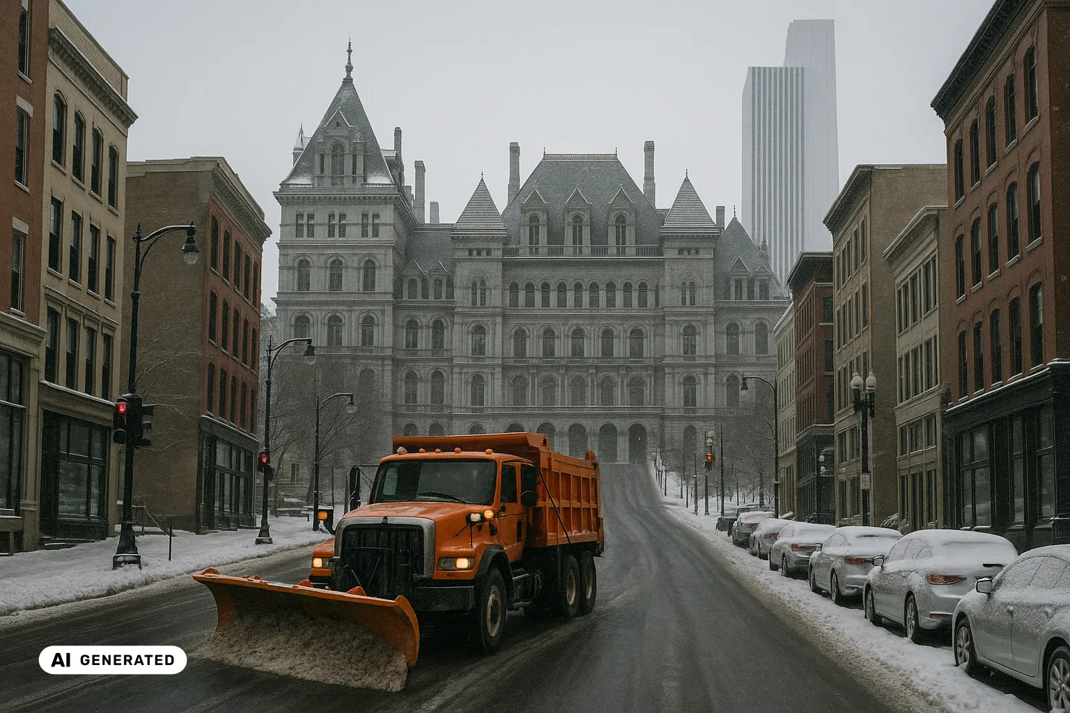 A long-nose plough truck clearing a fresh lane of dark wet asphalt up the State Street rise in downtown Albany, snow-covered parked cars along the kerbs, the ornate grey-granite New York State Capitol with its steep dormered roofline on the left and the tall pale modernist slab of the Corning Tower on the Empire State Plaza rising behind, under a flat grey, lightly snowing winter sky (AI-generated image).