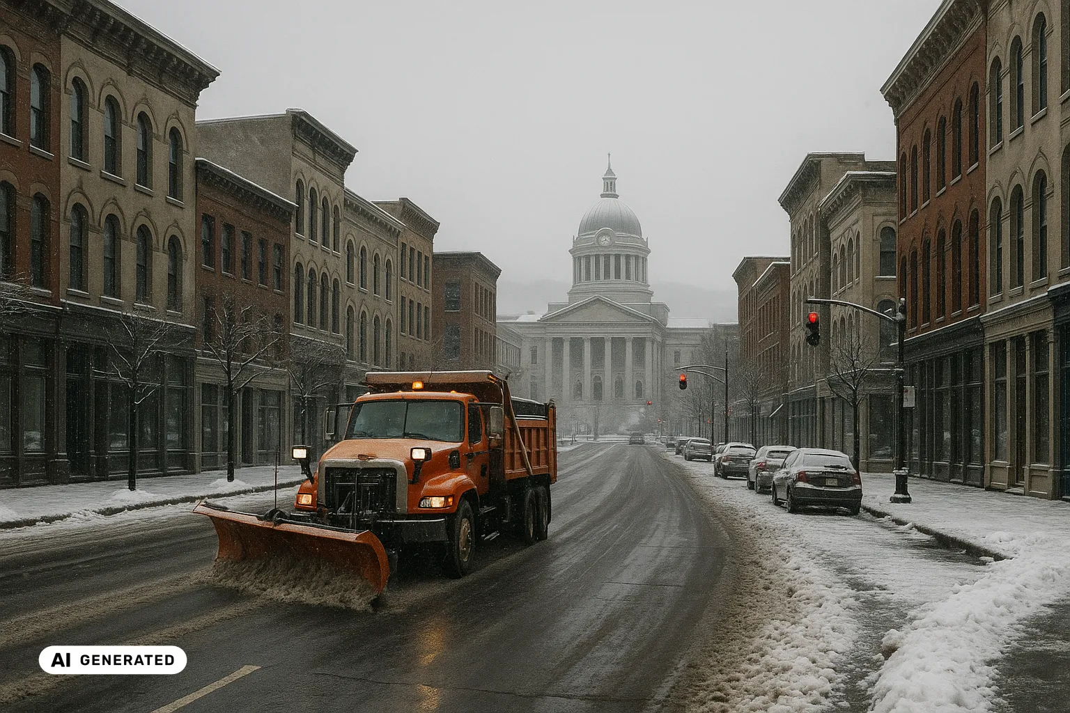 A conventional long-nose plough truck clearing a lane of dark wet asphalt on Court Street in downtown Binghamton, three- and four-storey historic brick and stone buildings dusted with snow along the kerbs and the pale dome of the neoclassical Broome County Courthouse rising behind, all under the flat, low, featureless grey sky the city is known for (AI-generated image).