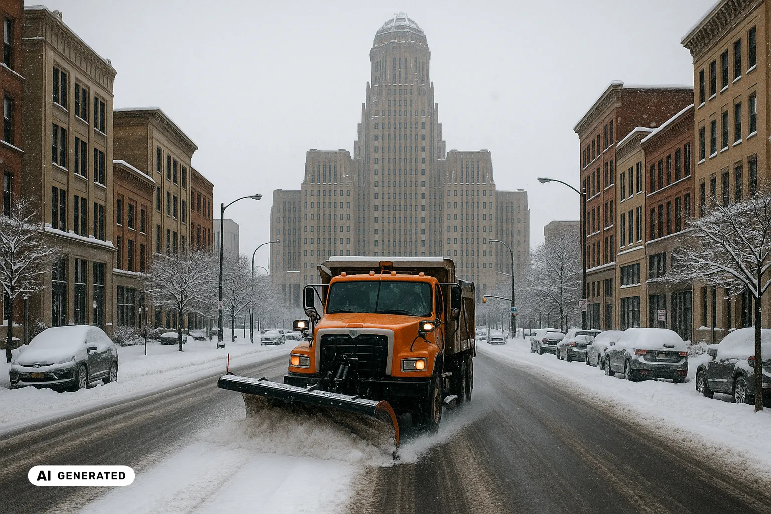 A long-nose plough truck clearing a fresh lane of dark wet asphalt down a snow-covered downtown Buffalo street, with low ploughed snow banks and snow-covered parked cars along the kerbs and the Art Deco tower of Buffalo City Hall rising into a grey, lightly snowing winter sky in the background (AI-generated image).