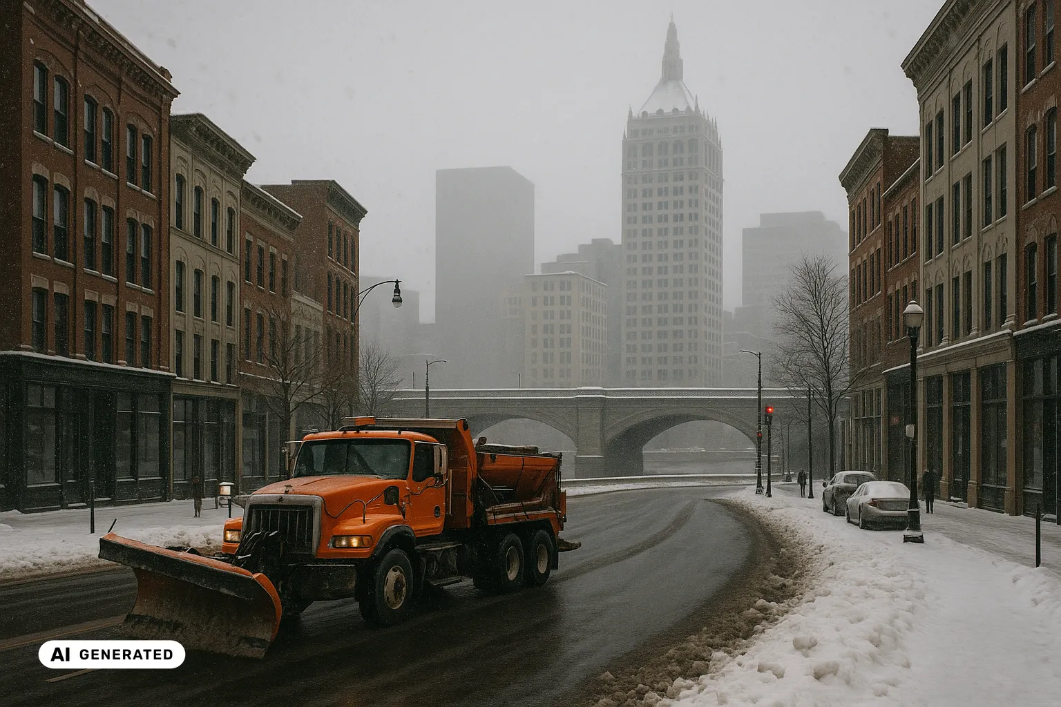 A conventional long-nose plough truck clearing a lane of dark wet asphalt on a downtown Rochester street, historic brick and terracotta shopfronts dusted with snow along the kerbs, a stone-arch bridge crossing the Genesee River in the middle distance and the pale Italian-Renaissance Kodak Tower rising behind through falling snow under a low grey lake-effect sky (AI-generated image).