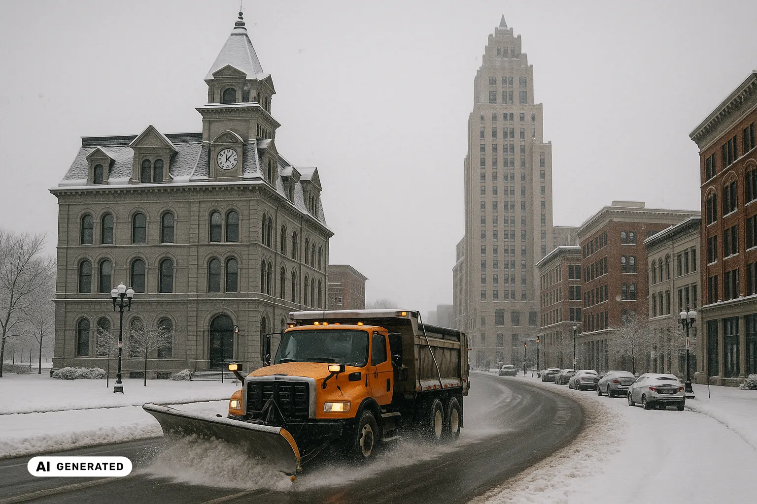 A long-nose plough truck clearing a fresh lane of dark wet asphalt at Clinton Square in downtown Syracuse, with the grey-stone Gridley Building and its Victorian corner clock tower in the near ground and the pale Art Deco State Tower Building rising behind, snow-covered facades and parked cars along the kerbs under a grey, lightly snowing winter sky (AI-generated image).