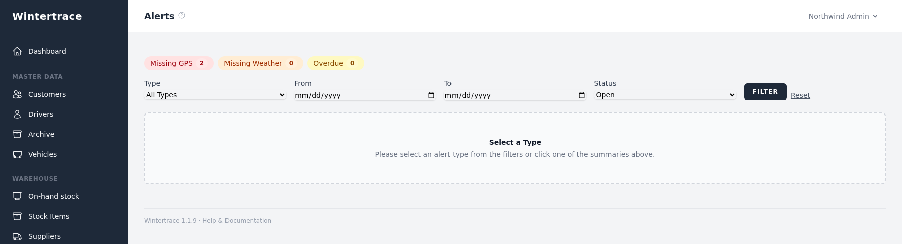 Admin alerts view with three cards: missing GPS showing two affected operations with customer and date, missing weather showing zero, and overdue showing zero.