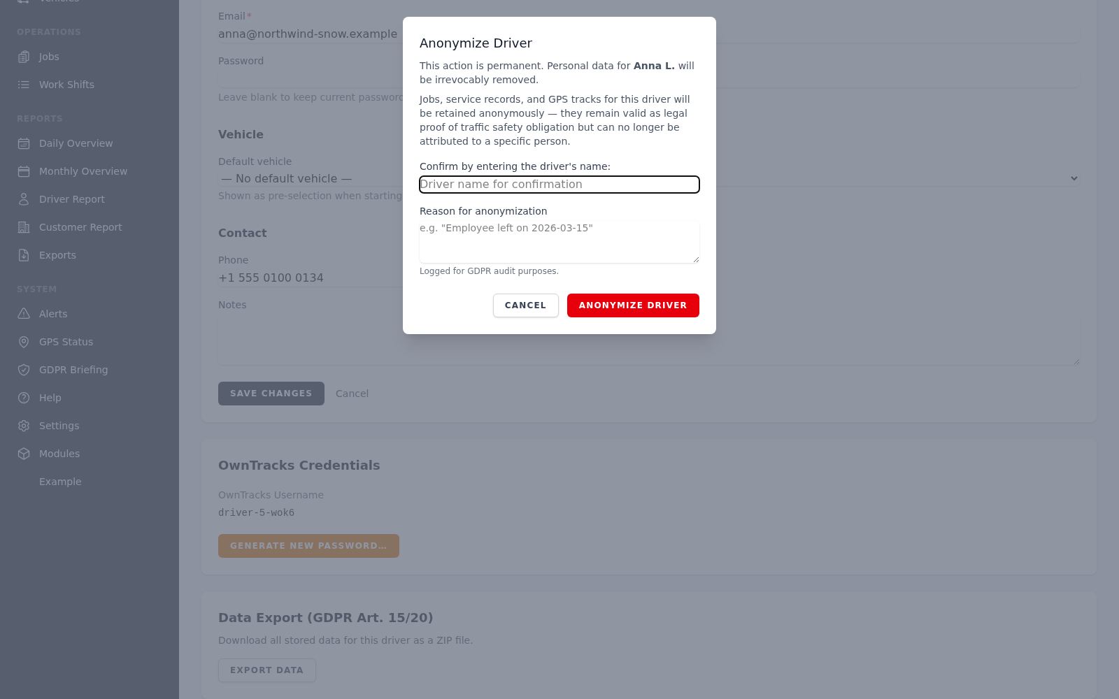 Wintertrace driver anonymisation dialog with a preview of which fields will be replaced and a confirmation that the action cannot be undone.