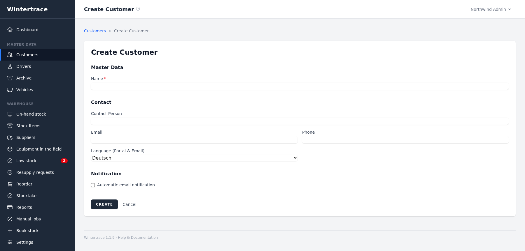 Admin form for a new customer: name, contact person, email and phone, plus a customer-portal section with switches for portal access, GPS track visibility, photo visibility and driver-name visibility.