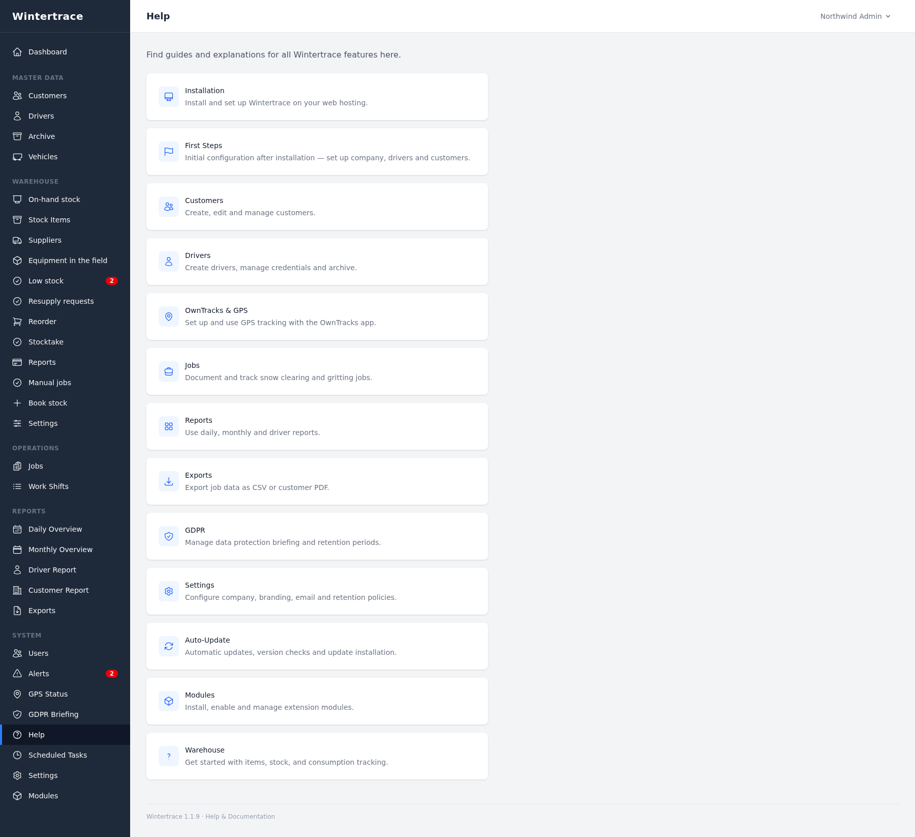 Built-in help centre with sections for getting started, master data, operations, reports, GPS setup, data protection and troubleshooting.