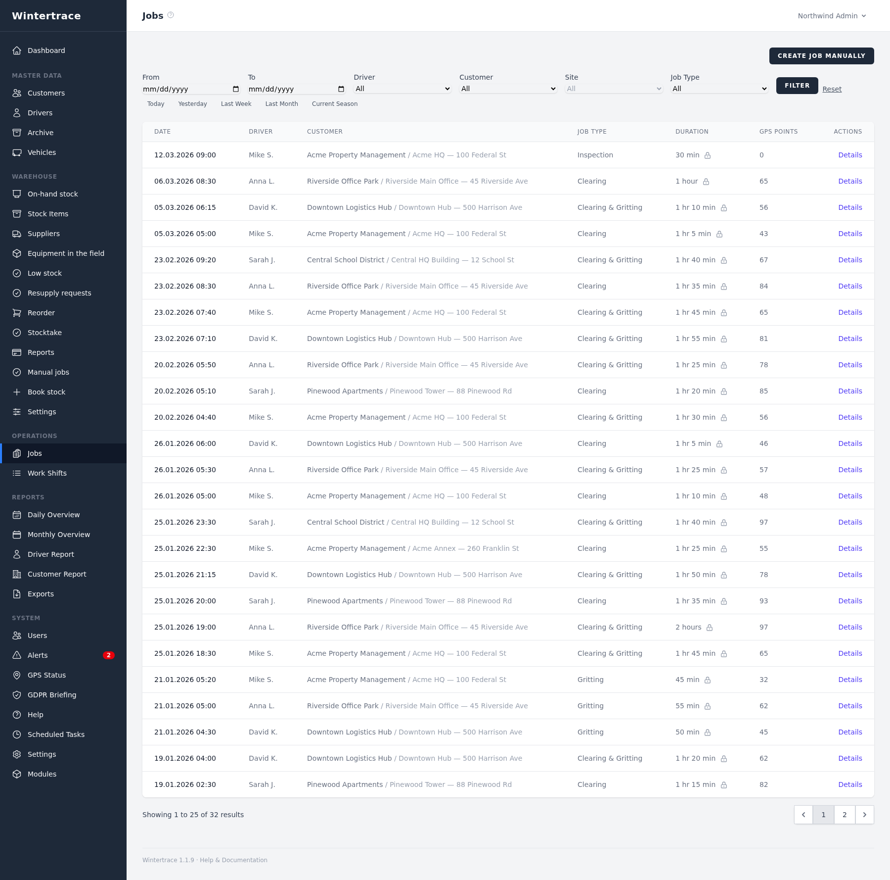 Admin operation list with a filter bar and 25 rows, each showing date and time, driver, customer and site, job type, duration and the number of GPS points recorded, with pagination showing 25 of 32 results.