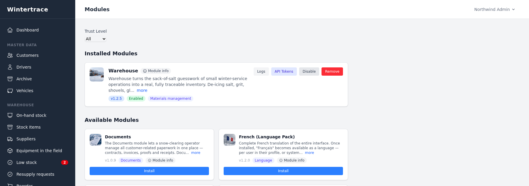 Module administration: an installed Warehouse module with version, enabled state and actions for logs, API tokens, disable and remove, followed by the catalogue of modules available to install.