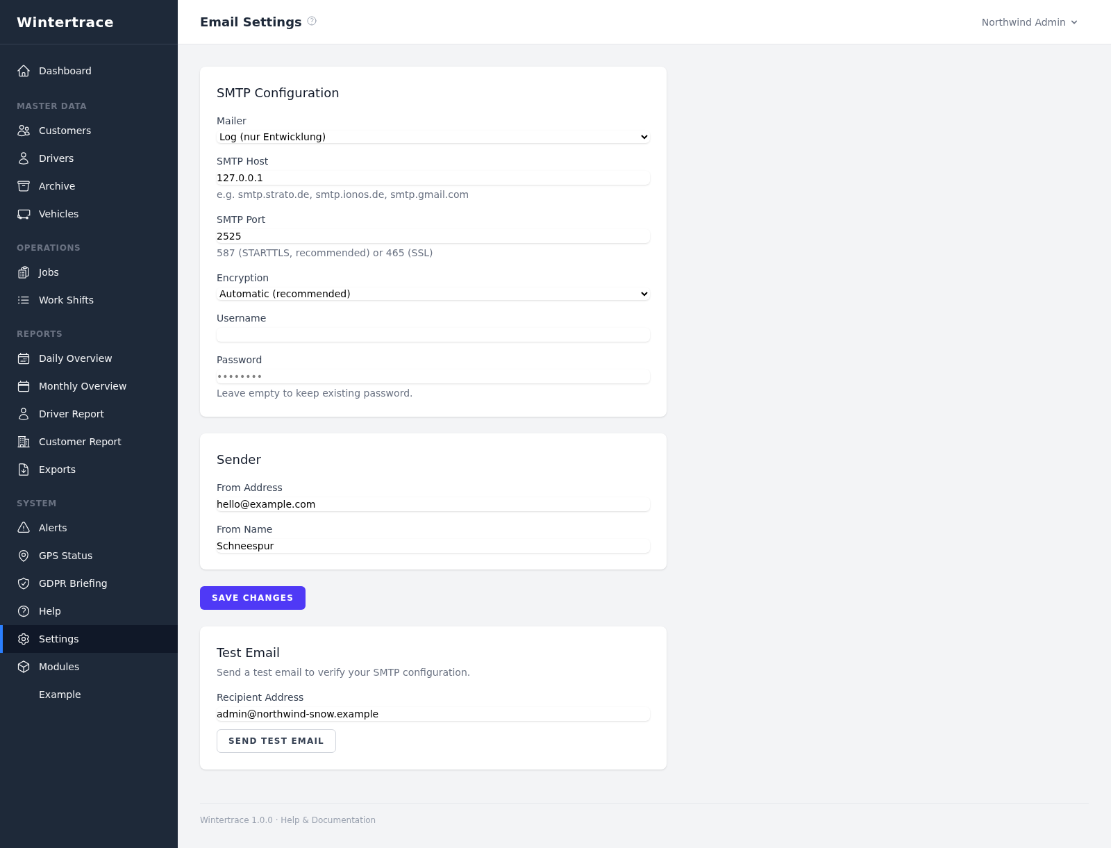 Wintertrace Settings Notifications page with toggles for Operation start, Operation end and Weekly digest, and an SMTP configuration block.