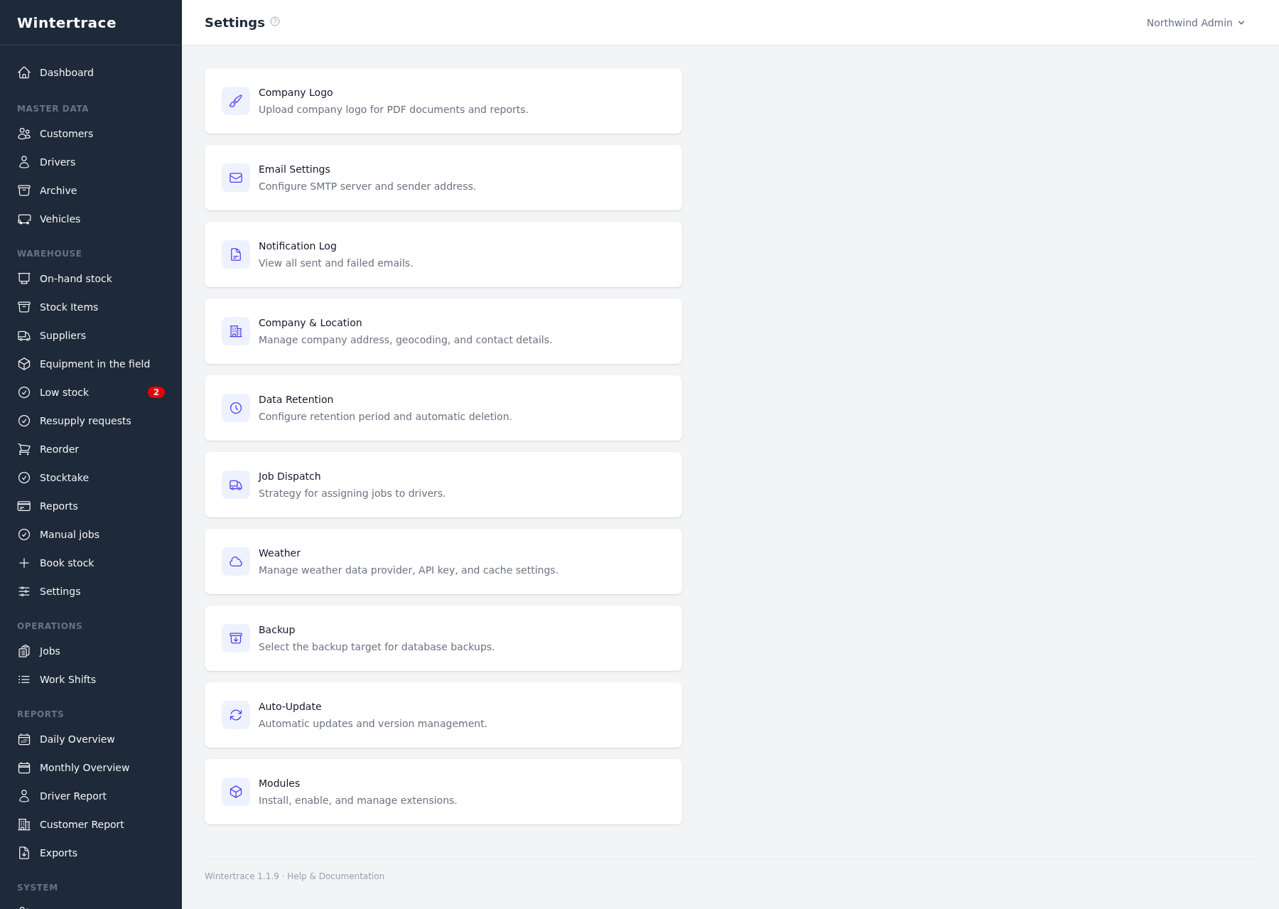 Admin settings overview: cards for company and location, users and roles, notifications, weather provider, data protection and retention, updates, and modules.