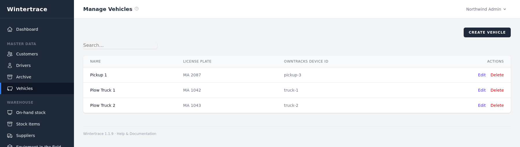 Admin vehicle list with three rows: Pickup 1, Plow Truck 1 and Plow Truck 2, each with licence plate, OwnTracks device id, and edit and delete actions.