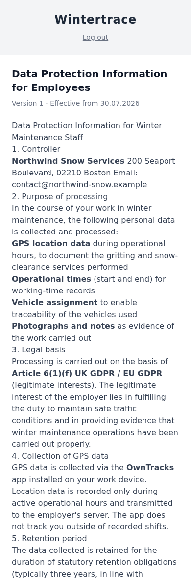 Data protection briefing on a driver’s phone: the controller’s name and address, the purposes of processing including GPS location data during operational hours, the legal basis, and how location data is collected via the OwnTracks app only while a shift is open.