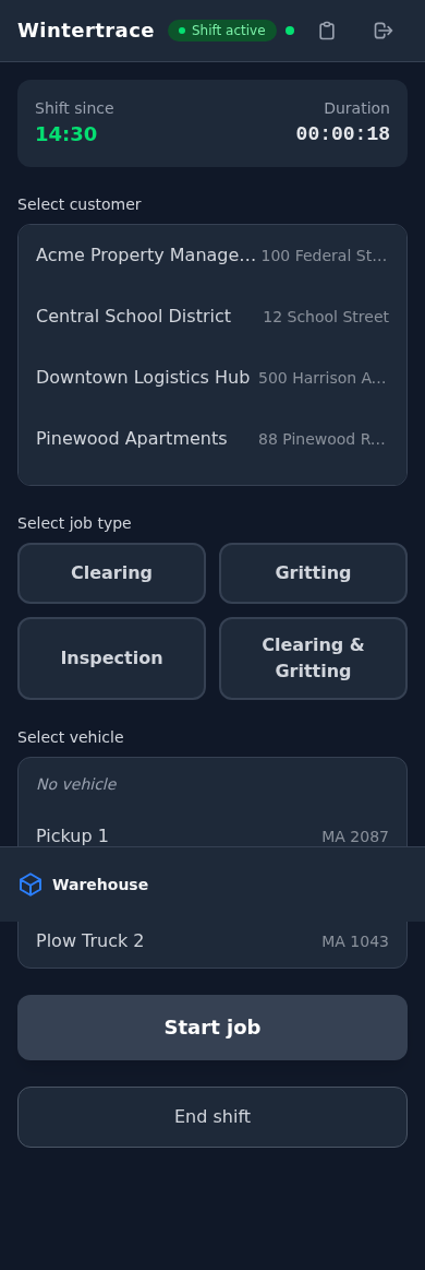 Driver view on a phone, dark interface: shift active with a running shift timer, then selectors for customer, job type and vehicle, and a start job button.