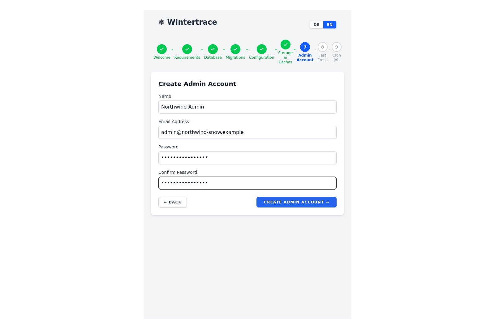 Wintertrace installer admin account form: email, password and password confirmation fields with strength meter.