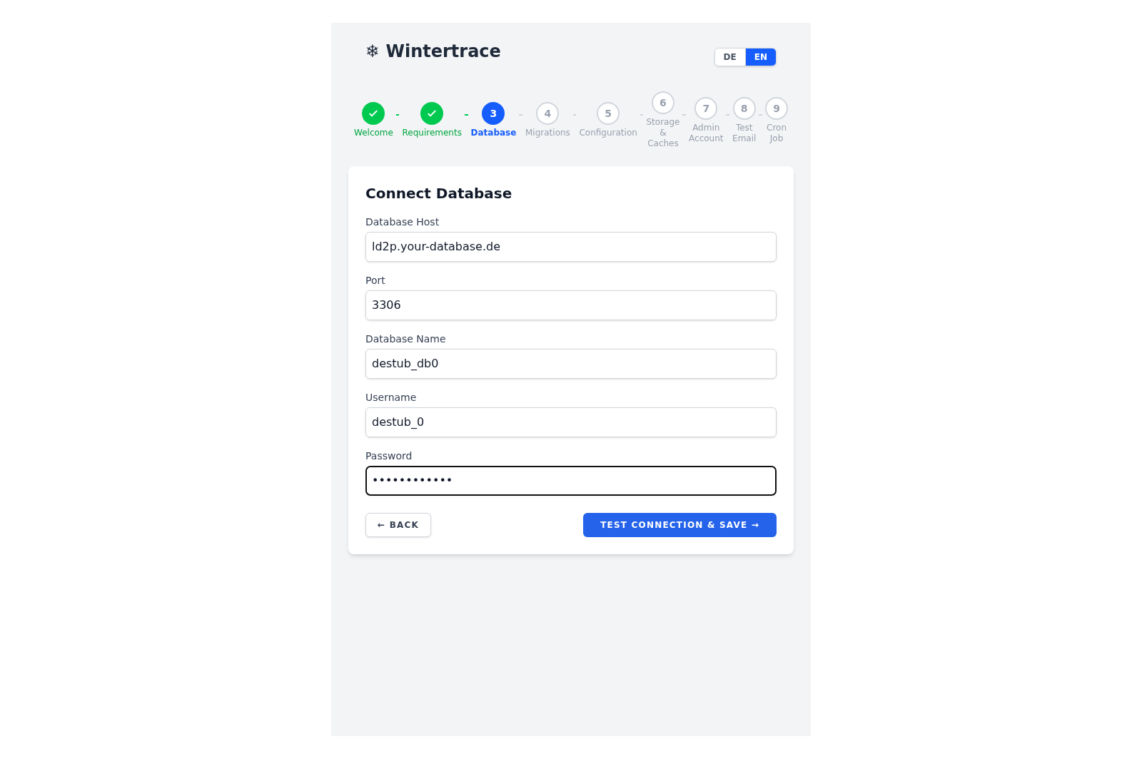 Wintertrace installer database screen with fields for host, database name, user and password, masked with dots.