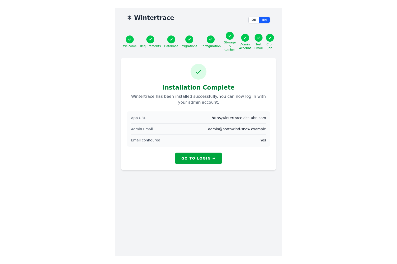 Wintertrace installer completion screen with a green success message, a login button and a cron setup note.