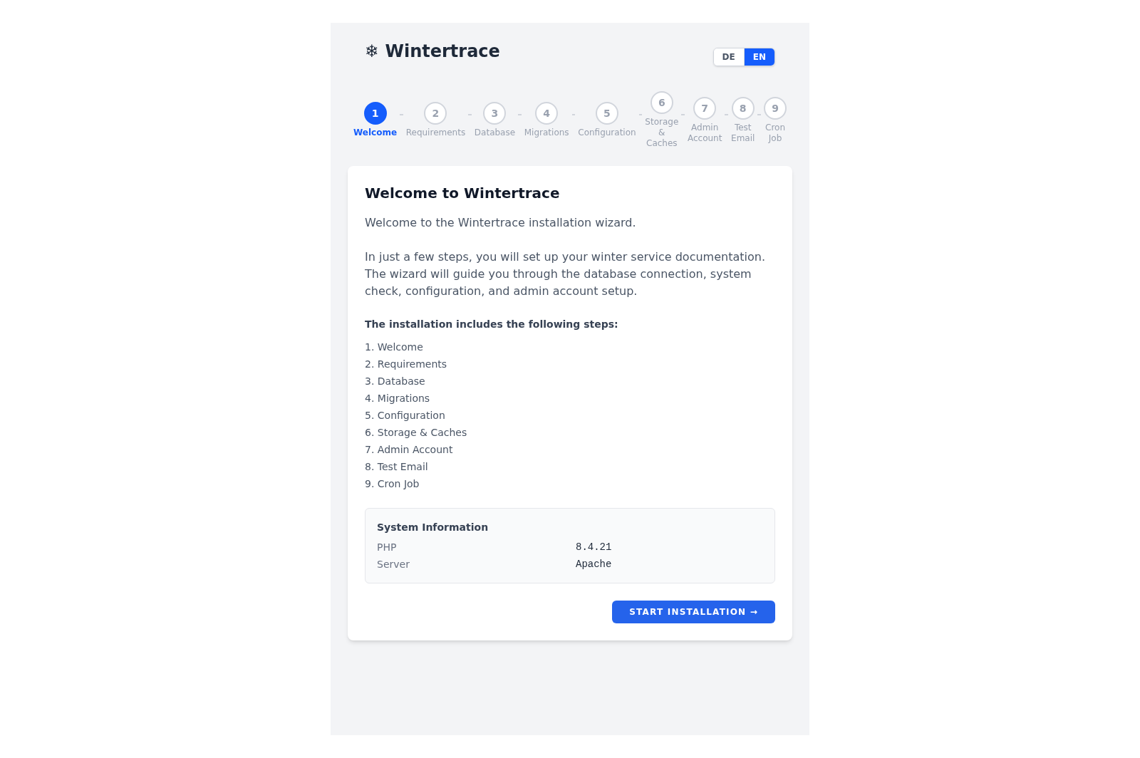 Wintertrace installer welcome screen with green checkmarks next to PHP version and required PHP extensions.