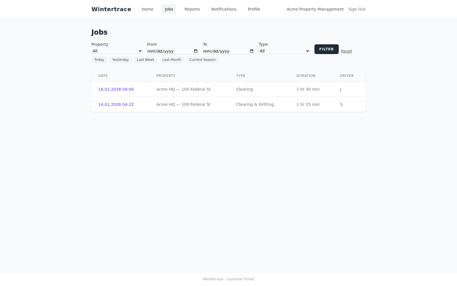 Wintertrace customer portal operation list with date, time window, weather summary and PDF download icon for operations at a property management customer.