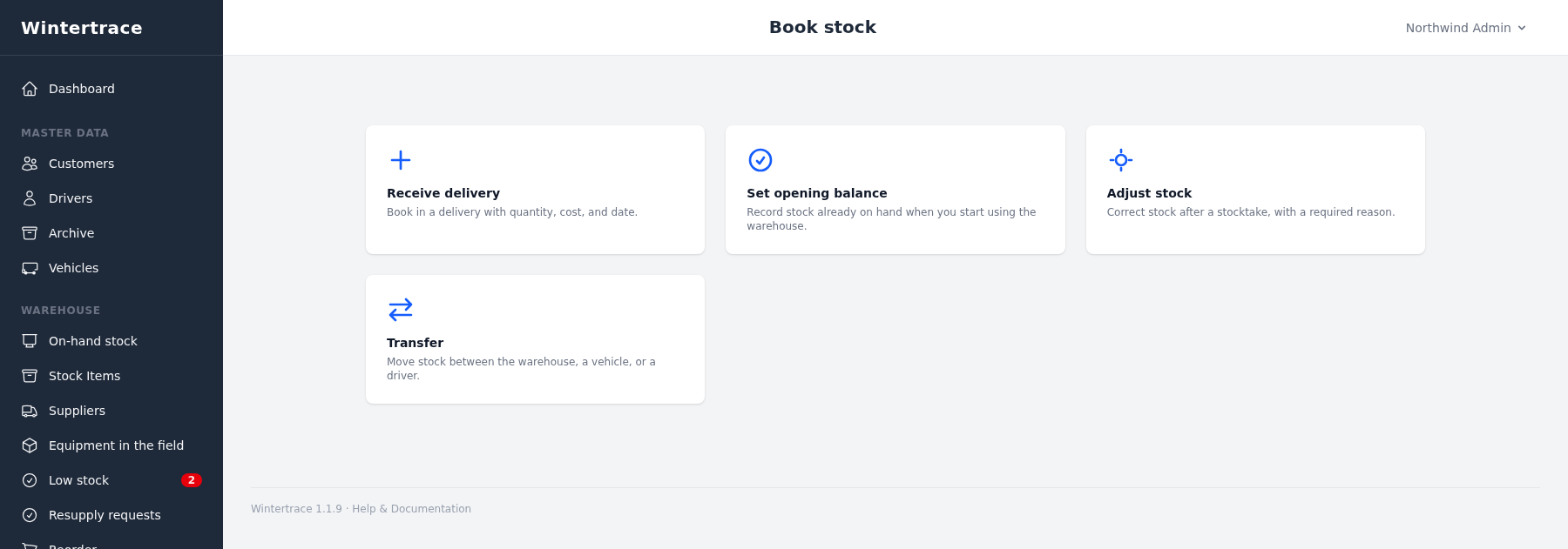 Admin view: the Book stock page with four action cards — Receive delivery, Set opening balance, Adjust stock and Transfer — each with a one-line explanation of when to use it.