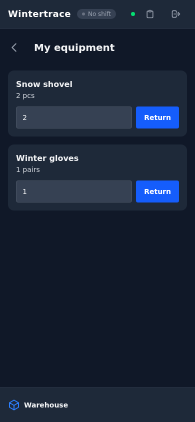 Driver app: My equipment listing the driver's own kit — a snow shovel, 2 pieces, and winter gloves, 1 pair — each with a quantity field and a Return button.